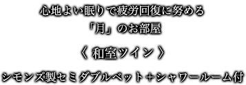 心地よい眠りで疲労回復に努める「月」のお部屋 〈 和室ツイン 〉 シモンズ製セミダブルベット＋シャワールーム付